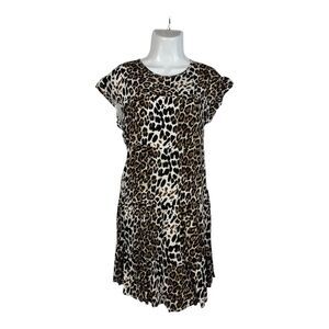 Kirundo Leopard Animal Print Dress Medium Tiered Short Sleeve Boho Cottagecore
